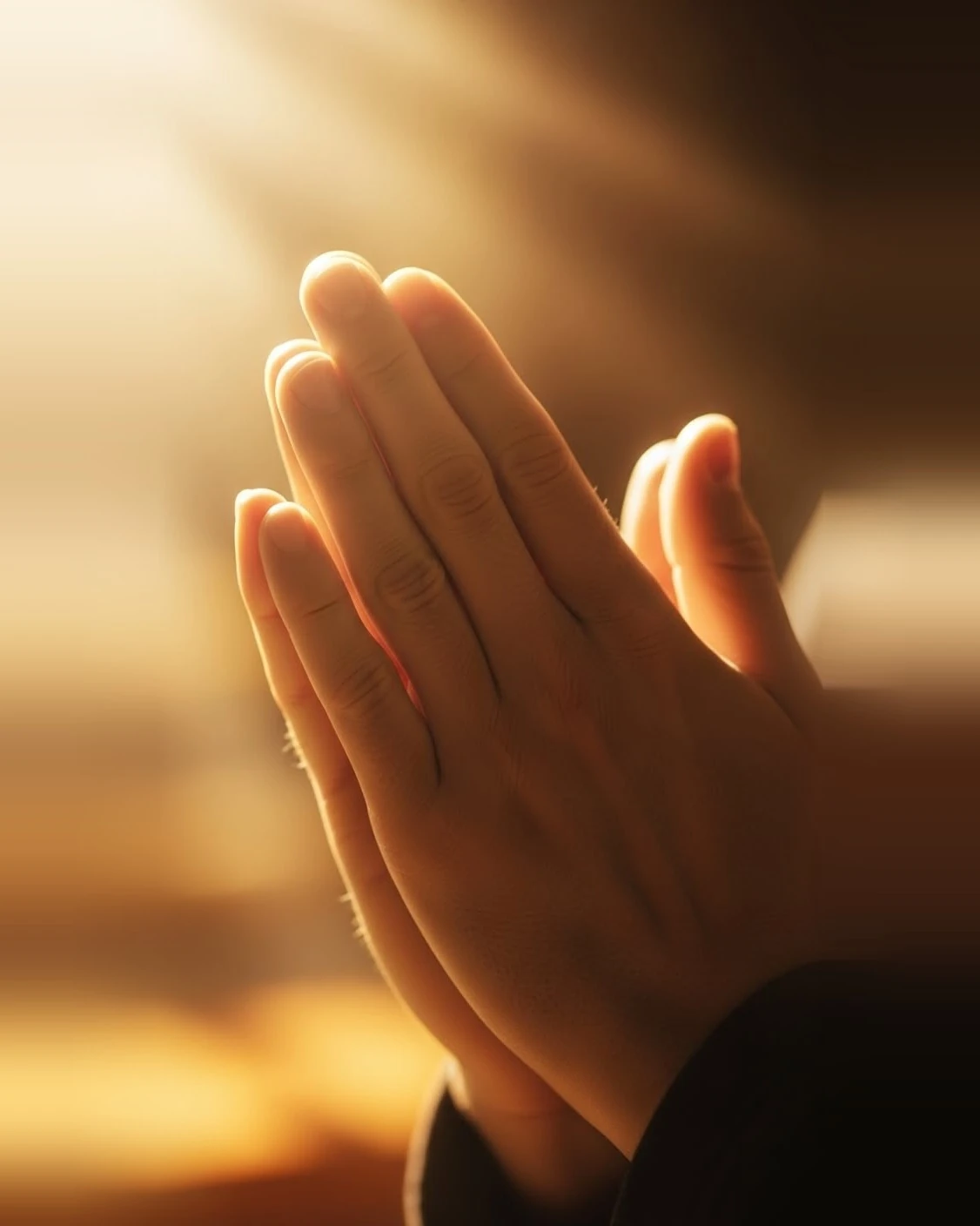 Hands clasped together in prayer, bathed in warm light